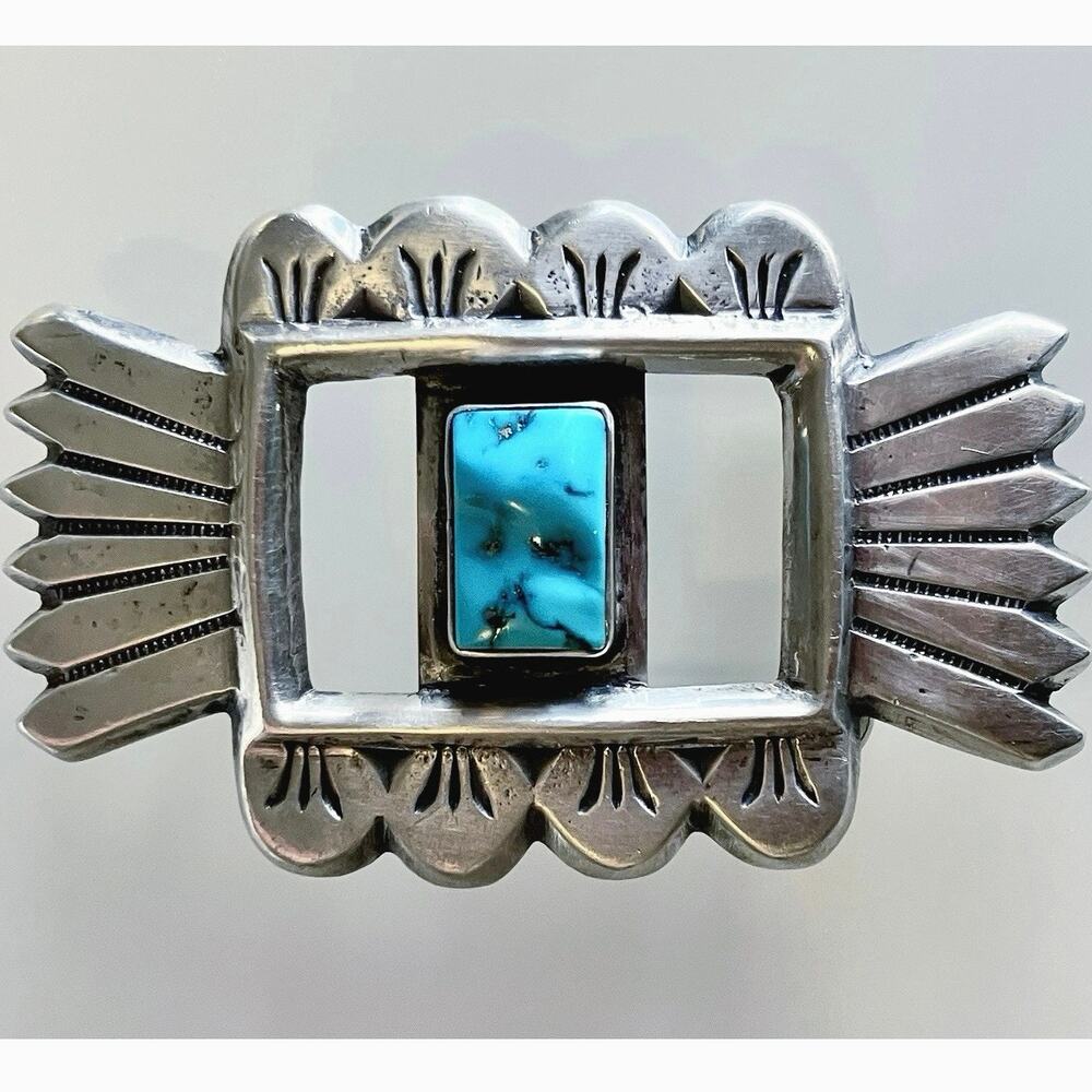 Vintage Navajo Sterling Silver Turquoise Belt Buckle 42g Sand Cast - Fan, Ketoh